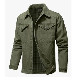 Kaviana Men's Green Denim Jacket Plaid Lined Snap Button Workwear 2XL